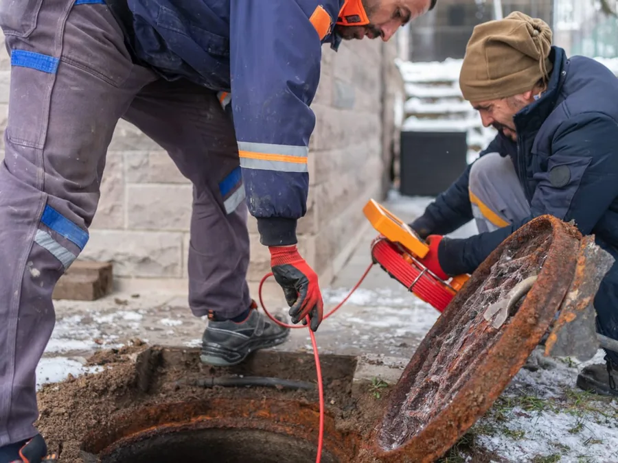 Technician setting hydro jetting equipment at an outdoor cleanout opening
